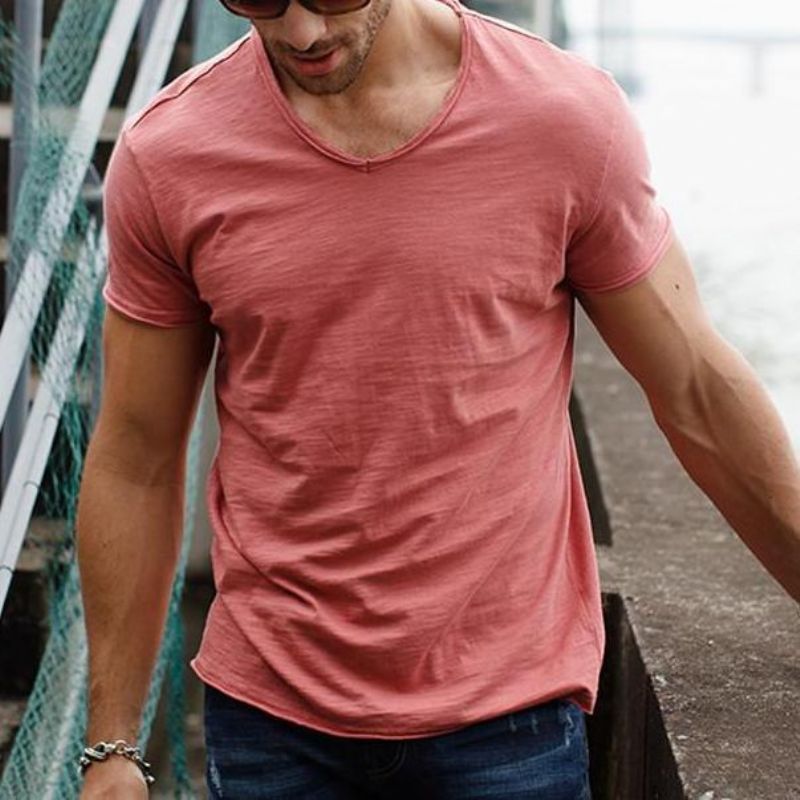 Μπλουζάκι Από Καθαρό Βαμβάκι Με V-neck Slim Fit