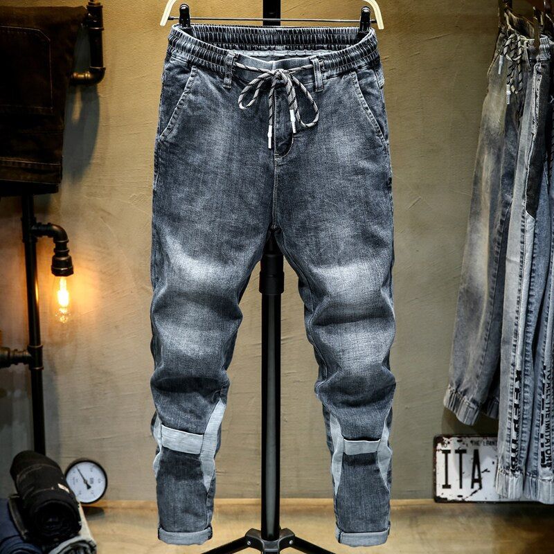 Patched Elastic Waist Leisure Jeans